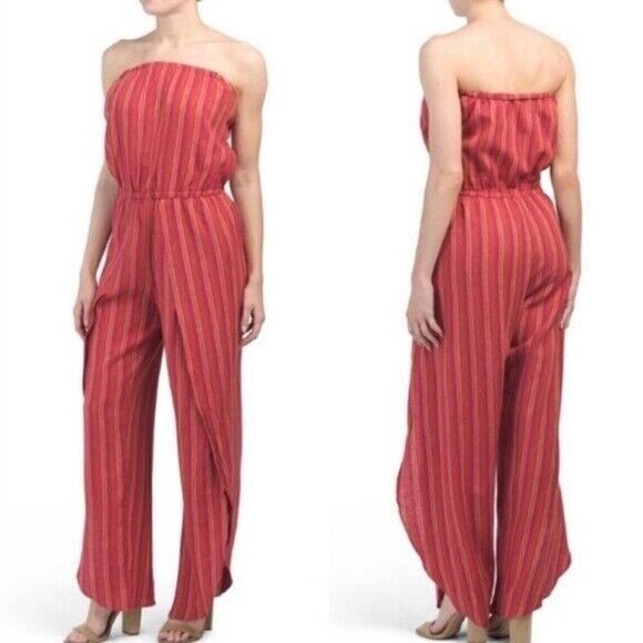 Anthropologie DREW Red stripe strapless emerson split leg Jumpsuit Linen Large - Picture 1 of 7